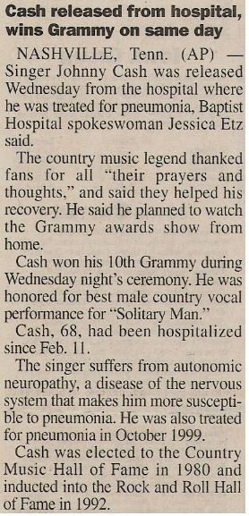 Cash, Johnny / Cash Released from Hospital, Wins Grammy On Same Day | Newspaper Article | February 2001