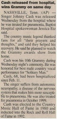 Cash, Johnny / Cash Released from Hospital, Wins Grammy On Same Day | Newspaper Article | February 2001