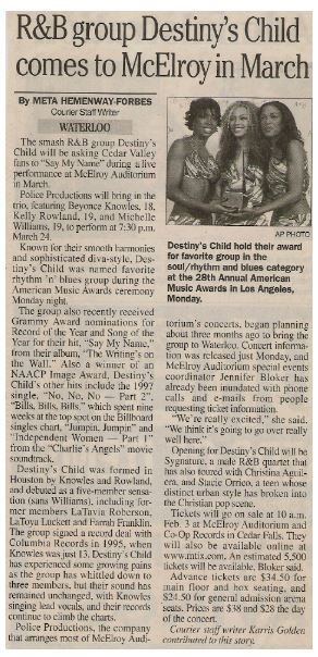 Destiny&#39;s Child / R+B Group Comes to McElroy in March | Newspaper Article with Photo | January 2001