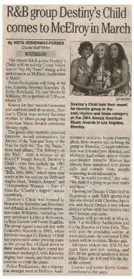 Destiny&#39;s Child / R+B Group Comes to McElroy in March | Newspaper Article with Photo | January 2001
