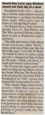 Beach Boys, The / Beach Boy Love Says Lifetime Award Not That Big of a Deal | Newspaper Article | January 2001
