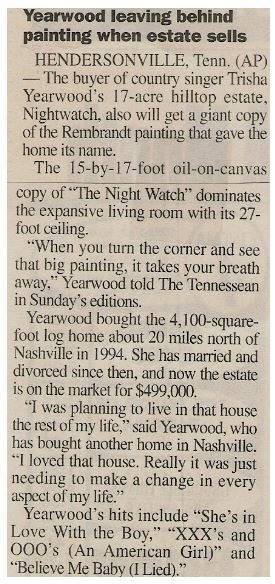 Yearwood, Trisha / Yearwood Leaving Behind Painting When Estate Sells | Newspaper Article | May 2001