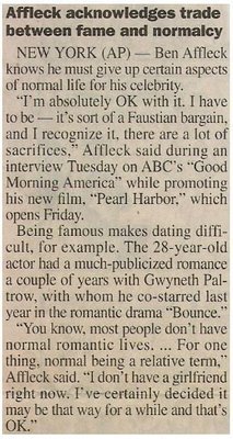 Affleck, Ben / Affleck Acknowledges Trade Between Fame and Normalcy | Newspaper Article | May 2001