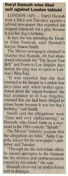 Hannah, Daryl / Daryl Hannah Wins Libel Suit Against London Tabloid | Newspaper Article | May 2001