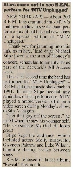 R.E.M. / Stars Come Out to See R.E.M. Perform for MTV Unplugged | Newspaper Article | May 2001