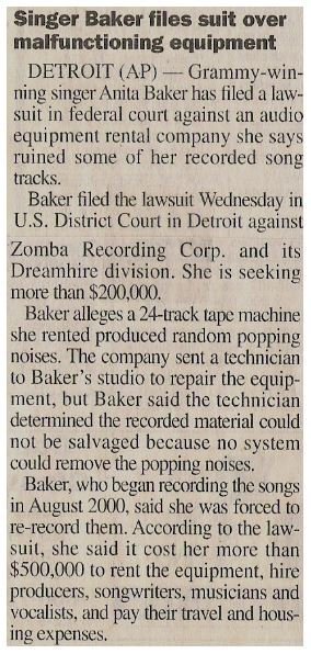 Baker, Anita / Singer Baker Files Suit Over Malfunctioning Equipment | Newspaper Article | May 2001