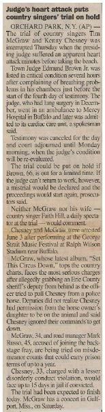Chesney, Kenny / Judge&#39;s Heart Attack Puts Country Singers&#39; Trial On Hold | Newspaper Article | May 2001 | with Tim McGraw