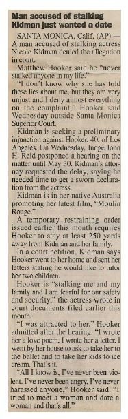 Kidman, Nicole / Man Accused of Stalking Kidman Just Wanted a Date | Newspaper Article | May 2001