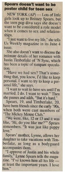 Spears, Britney / Spears Doesn&#39;t Want to be Poster Child for Teen Sex | Newspaper Article | May 2001