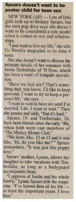 Spears, Britney / Spears Doesn&#39;t Want to be Poster Child for Teen Sex | Newspaper Article | May 2001