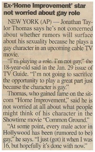 Thomas, Jonathan Taylor / Ex-Home Improvement Star Not Worried About Gay Role | Newspaper Article | January 2000