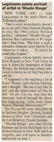 Leguizamo, John / Leguizamo Paints Portrait of Artist in Moulin Rouge | Newspaper Article | May 2001