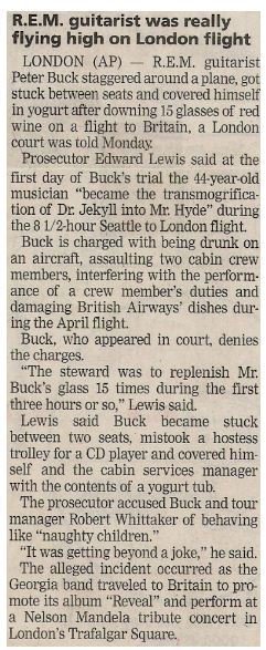 R.E.M. / Guitarist Was Really Flying High On London Flight | Newspaper Article | November 2001