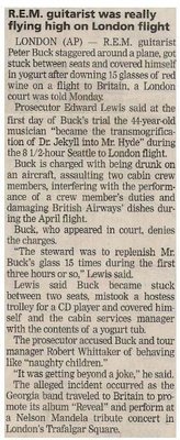 R.E.M. / Guitarist Was Really Flying High On London Flight | Newspaper Article | November 2001