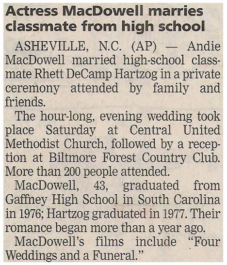 MacDowell, Andie / Actress MacDowell Marries Classmate from High School | Newspaper Article | November 2001