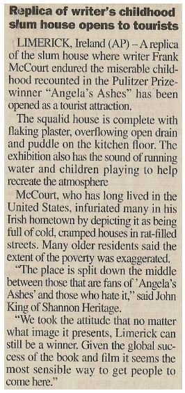 McCourt, Frank / Replica of Writer's Childhood Slum House Opens to Tourists | Newspaper Article | June 2000