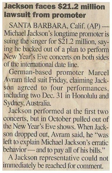 Jackson, Michael / Jackson Faces $21.2 Million Lawsuit from Promoter | Newspaper Article | June 2000