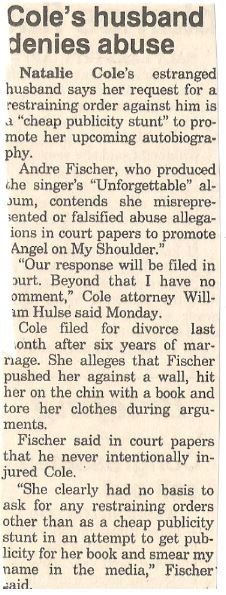 Cole, Natalie / Cole&#39;s Husband Denies Abuse | Newspaper Article | December 1995