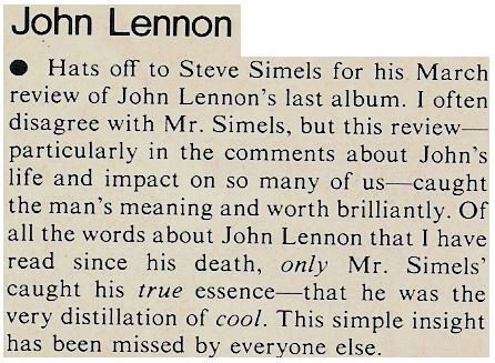 Lennon, John / Hats Off to Steve Simels | Magazine Article | 1981