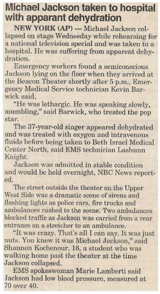Jackson, Michael / Taken to Hospital with Apparent Dehydration | Newspaper Article | November 1995