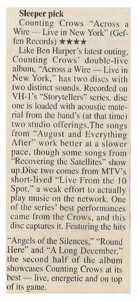 Counting Crows / Across the Wire - Live in New York | Magazine Review | April 2001