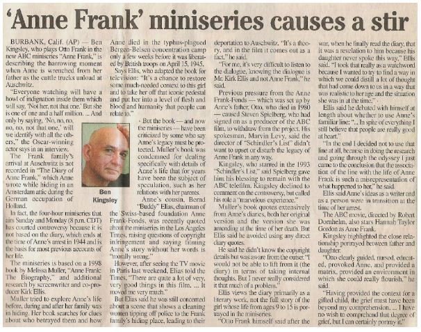 Kingsley, Ben / Anne Frank Miniseries Causes a Stir | May 2001