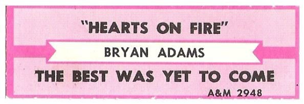 Adams, Bryan / Hearts On Fire | A+M 2948 | Jukebox Title Strip | June 1987
