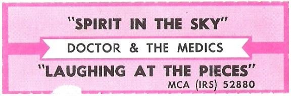 Doctor + The Medics / Spirit in the Sky | I.R.S. 52880 | Jukebox Title Strip | July 1986
