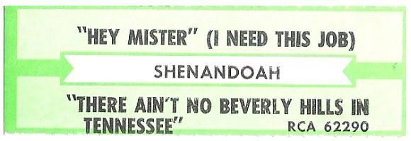 Shenandoah / Hey Mister (I Need This Job) | RCA 62290 | Jukebox Title Strip | July 1992