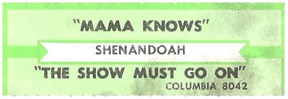 Shenandoah / Mama Knows | Columbia 8042 | Jukebox Title Strip | 1988