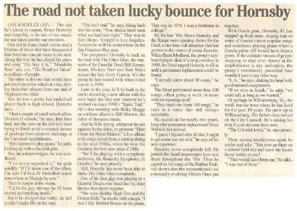 Hornsby, Bruce / The Road Not Taken Lucky Bounce for Hornsby | Newspaper Article | September 2000