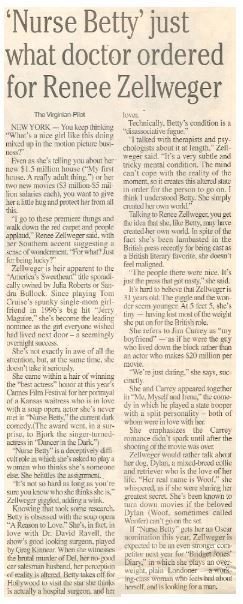 Zellweger, Renee / Nurse Betty Just What the Doctor Ordered | Newspaper Article | September 2000