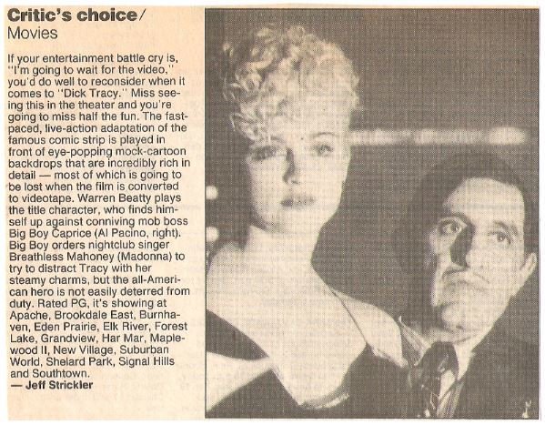 Madonna / Critic's Choice: Dick Tracy | Newspaper Article with Photo | 1990 | with Al Pacino