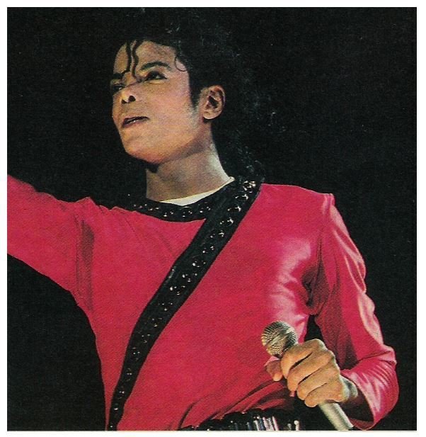 Jackson, Michael / On Stage, Red and Black Outfit, Mic. in Left Hand | Magazine Photo | 1987