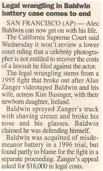 Baldwin, Alec / Legal Wrangling in Baldwin Battery Case Comes to End | Newspaper Article | June 2000