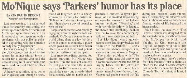 Mo&#39;Nique / Says &#39;Parkers&#39; Humor Has Its Place | Newspaper Article | June 2000