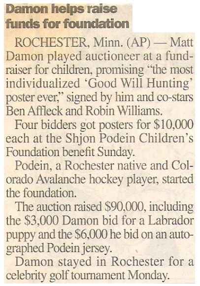 Damon, Matt / Damon Helps Raise Funds for Foundation | Newspaper Article | June 2000