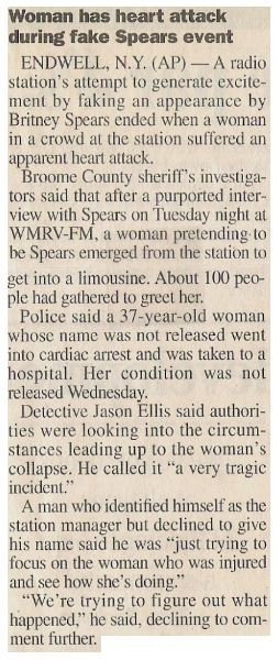 Spears, Britney / Woman Has Heart Attack During Fake Spears Event | June 2000