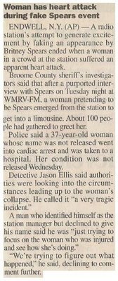 Spears, Britney / Woman Has Heart Attack During Fake Spears Event | June 2000