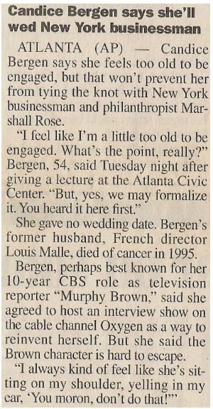 Bergen, Candice / Says She&#39;ll Wed New York Businessman | June 2000