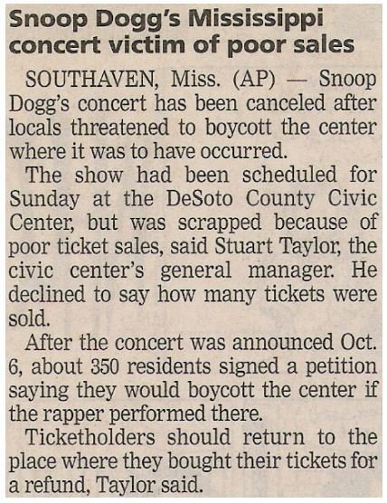 Snoop Dogg / Mississippi Concert Victim of Poor Sales | Newspaper Article | October 2001