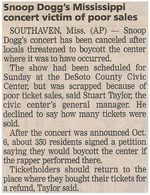 Snoop Dogg / Mississippi Concert Victim of Poor Sales | October 2001