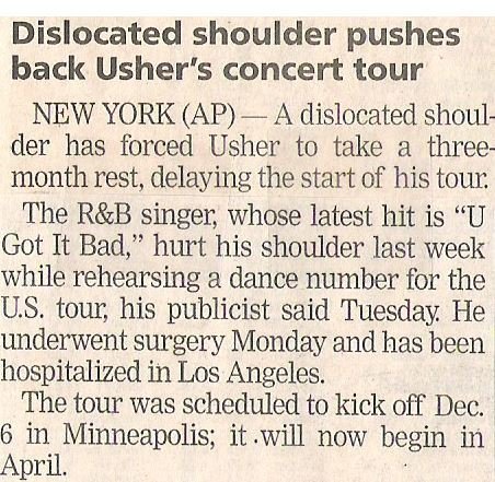 Usher / Dislocated Shoulder Pushes Back Usher&#39;s Concert Tour | November 2001