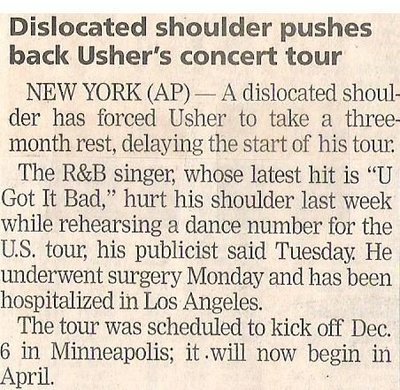 Usher / Dislocated Shoulder Pushes Back Usher&#39;s Concert Tour | November 2001