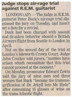 R.E.M. / Judge Stops Air-Rage Trial Against R.E.M. Guitarist | November 2001