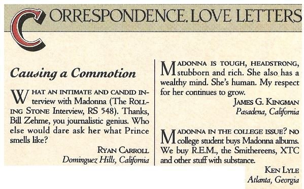 Madonna / Causing a Commotion - 3 Reader Letters | Magazine Article | March 1989