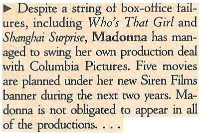 Madonna / Five Movies Are Planned for Siren Films | Magazine Article | 1989