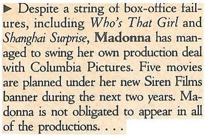 Madonna / Five Movies Are Planned for Siren Films | Magazine Article | 1989