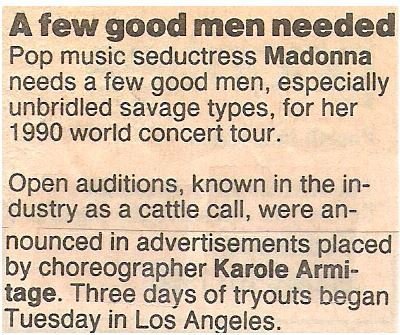Madonna / A Few Good Men Needed | Newspaper Article | January 1990