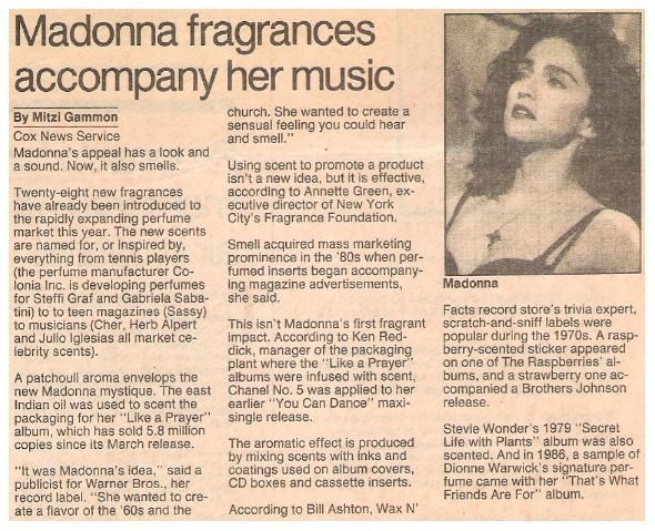 Madonna / Fragrances Accompany Her Music | Newspaper Article with Photo | 1989